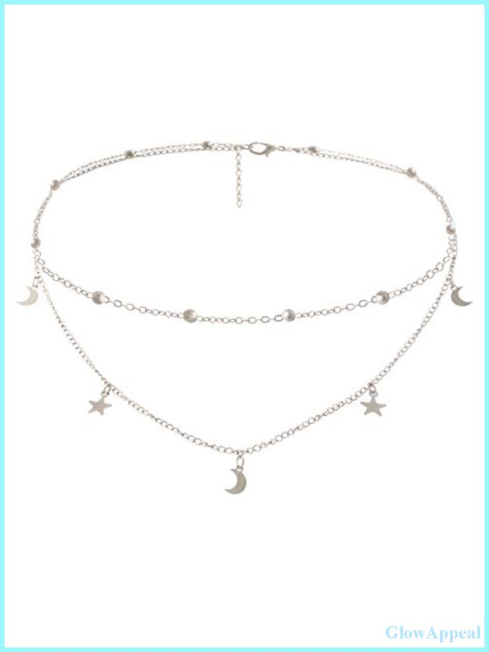 Layered Choker Necklace with Star Moon Charms Silver Tone